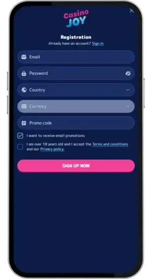 Casino registration form with personal details fields on mobile screen