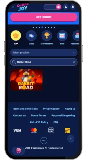 Casino game library with search bar showing Rabbit Road slot game
