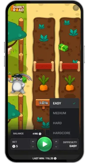 Rabbit Road slot game interface with bet amount selector showing £0.01 minimum bet
