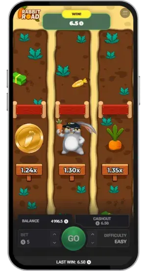 Rabbit Road slot game spinning reels with winning combination and instant results display