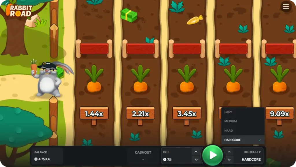 Screenshot of Rabbit Road showing the stake selection panel with adjustable bet values